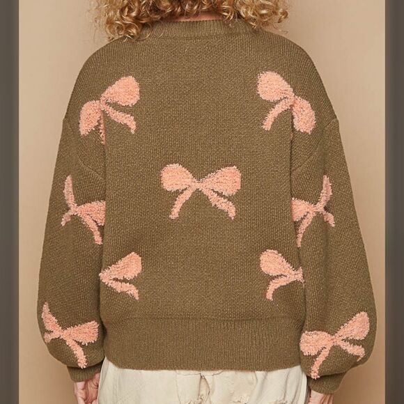 POL Olive Green Sweater with Pink Bow Accents - Picture 3 of 3